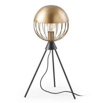 Candeeiro de mesa preto e dourado com tripé e cúpula metálica em forma de gaiola