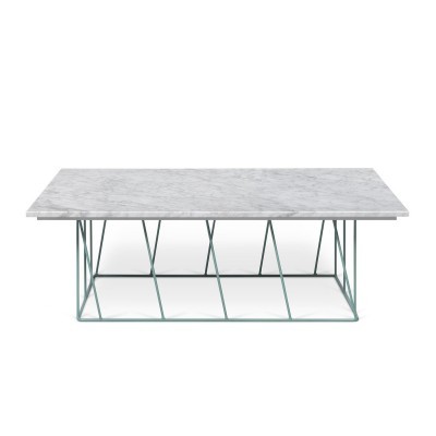 Mesa de centro com tampo de mármore branco e base metálica verde