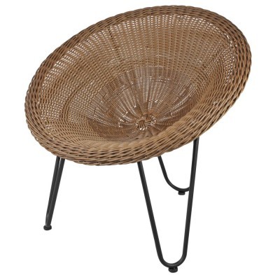 Cadeira redonda em rattan sintético castanho com estrutura metálica preta