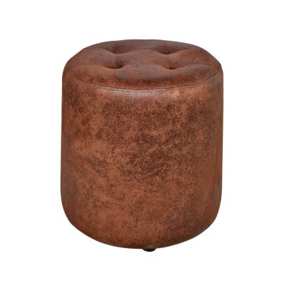 Pufe redondo em pele sintética castanha vintage com botões no topo