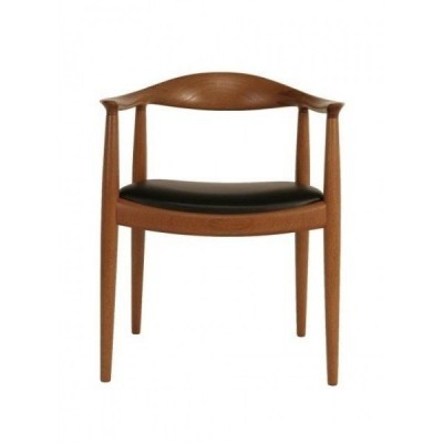 Cadeira de madeira castanha com assento preto acolchoado