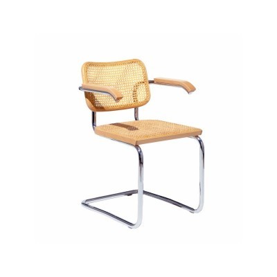 Cadeira de metal cromado com assento e encosto em rattan