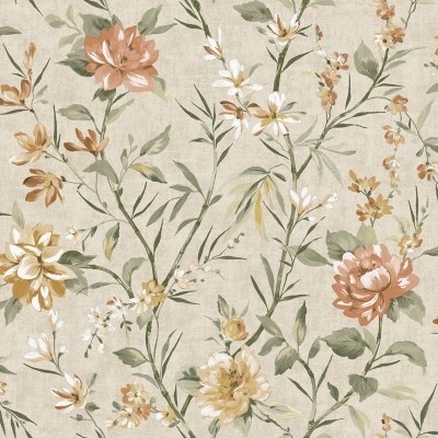 Papel de parede floral bege com flores grandes e pequenas e folhas verdes.