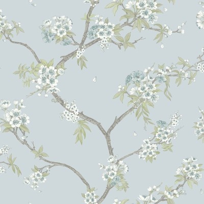 Papel de parede floral azul com ramos e flores brancas