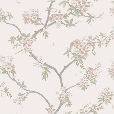 Papel de parede floral com ramos e flores rosas e verdes sobre fundo bege