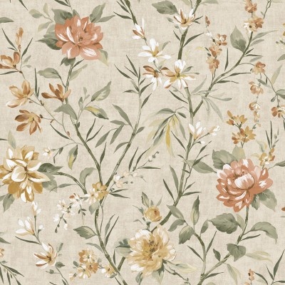 Papel de parede floral bege com flores grandes e pequenas e folhas verdes.