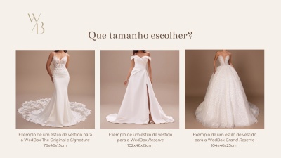 Três vestidos de noiva em diferentes estilos e tamanhos sob um texto em português.
