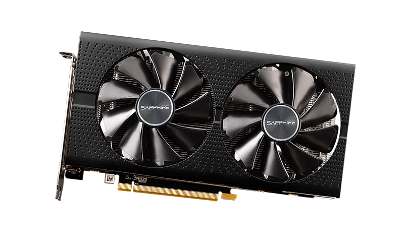 Placa gráfica preta com dois grandes ventiladores e texto SAPPHIRE