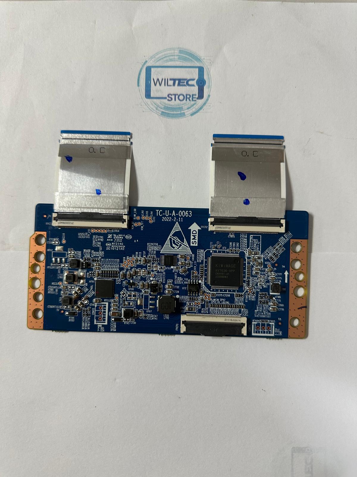 T-Con Board TC-U-A-0063 TD System 10520209 Placa eletrónica azul com componentes e fitas flexíveis sobre papel branco com logótipo WILTEC STORE.