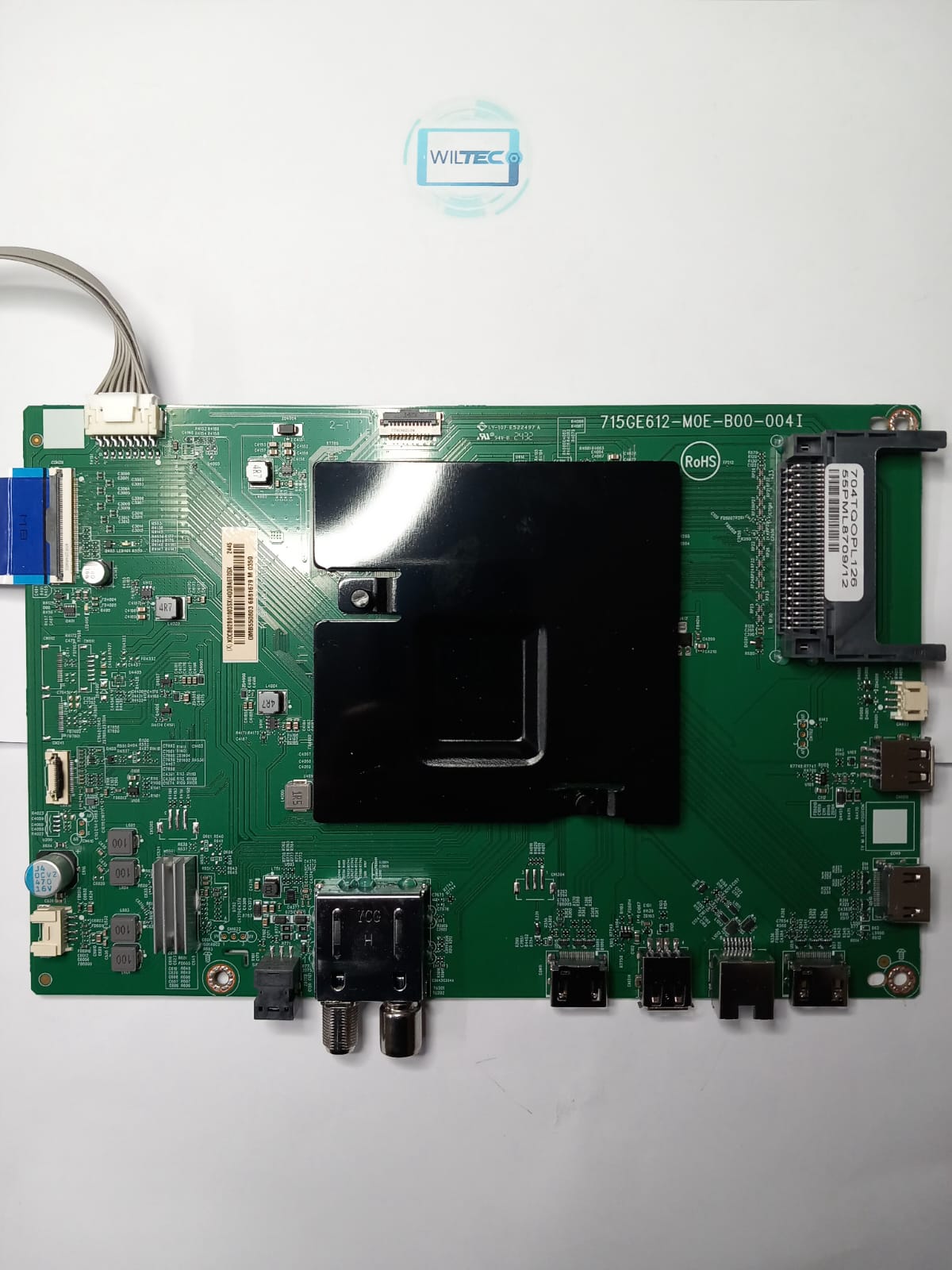 Mainboard TV Philips 55PML8709/12 / 715GE612-M0E-B00-004T Placa eletrónica verde com dissipador preto e etiquetas visíveis sobre fundo branco