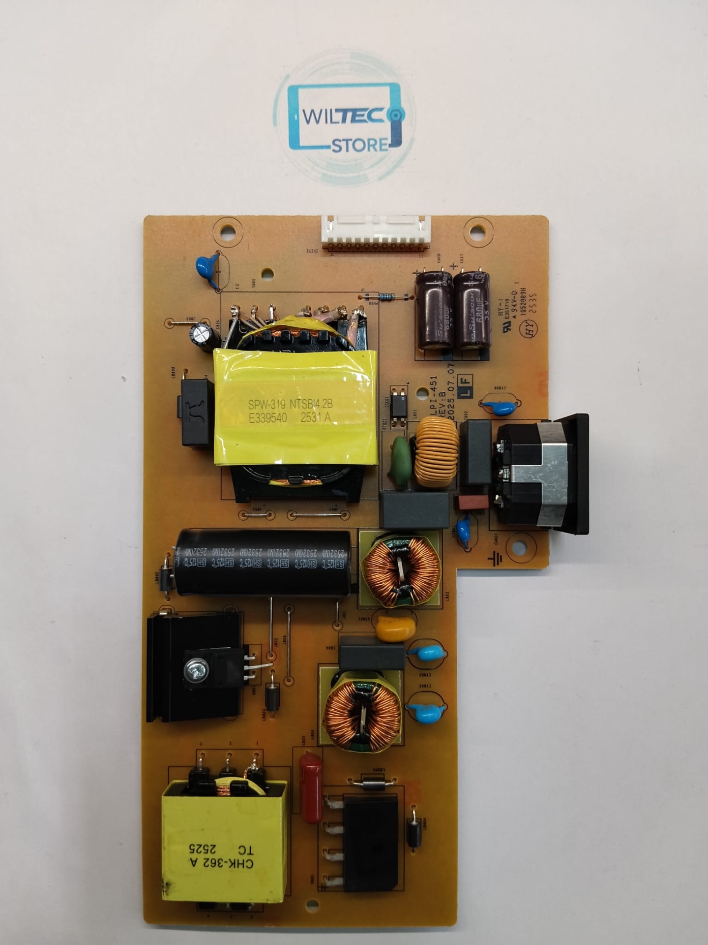 Power Supply Monitor Lenovo D24270QL1 / 1Q52089H Placa eletrónica com capacitores, transformadores e bobinas sobre fundo branco