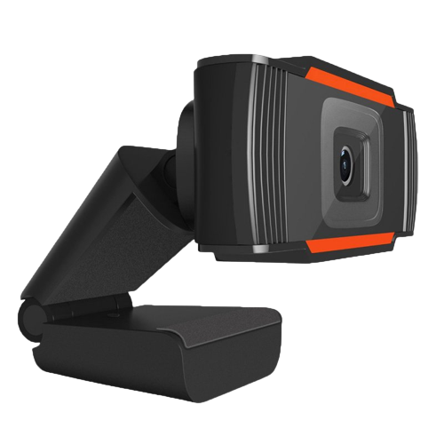 Webcam Owlotech 720p Webcam preta com detalhes em cinza e laranja e suporte ajustável preto