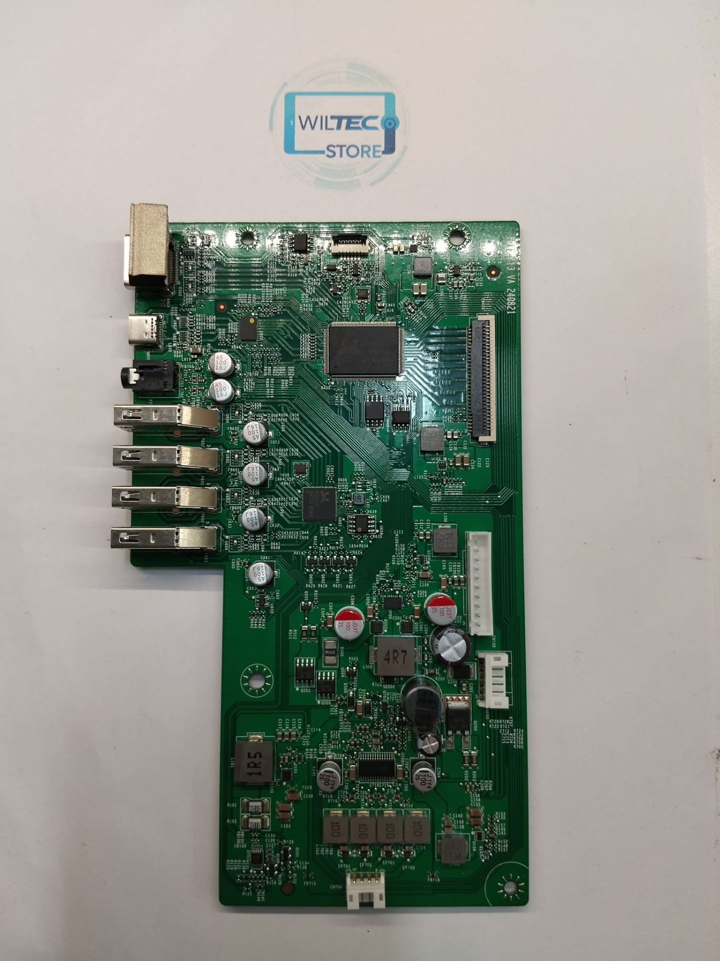 Mainboard Monitor Lenovo D24270QL1 / ILIF-713 VA 240821 Placa eletrónica verde com várias entradas USB e rótulo WILTEC STORE