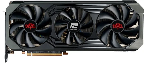 Placa Gráfica PowerColor AMD Radeon RX 6800XT Red Devil 16GB GDDR6 Recondicionada Grade B Placa gráfica PowerColor Devil com três ventoinhas pretas e logotipos vermelhos e brancos