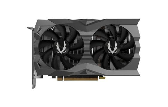 Placa Gráfica Zotac GeForce GTX 1660 SUPER AMP 6GB GDDR6 Recondicionada Grade B Placa gráfica preta com duas ventoinhas em fundo branco