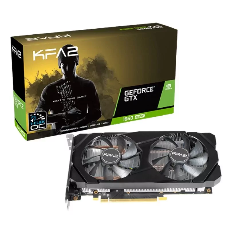 Placa Gráfica KFA2 GeForce GTX1660 SUPER 1-CLICK OC 6GB GDDR6 Recondicionada Grade B Placa gráfica KFA2 GeForce GTX 1660 Super com caixa e cooler duplo preto
