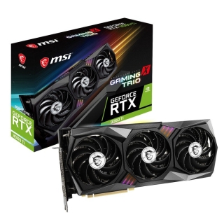 Placa Gráfica MSI GeForce RTX 3060 TI Gaming X Trio 8GB GDDR6 Recondicionada Grade B Placa gráfica MSI GeForce RTX 3080 Ti Gaming X Trio com três ventoinhas e caixa preta com texto colorido