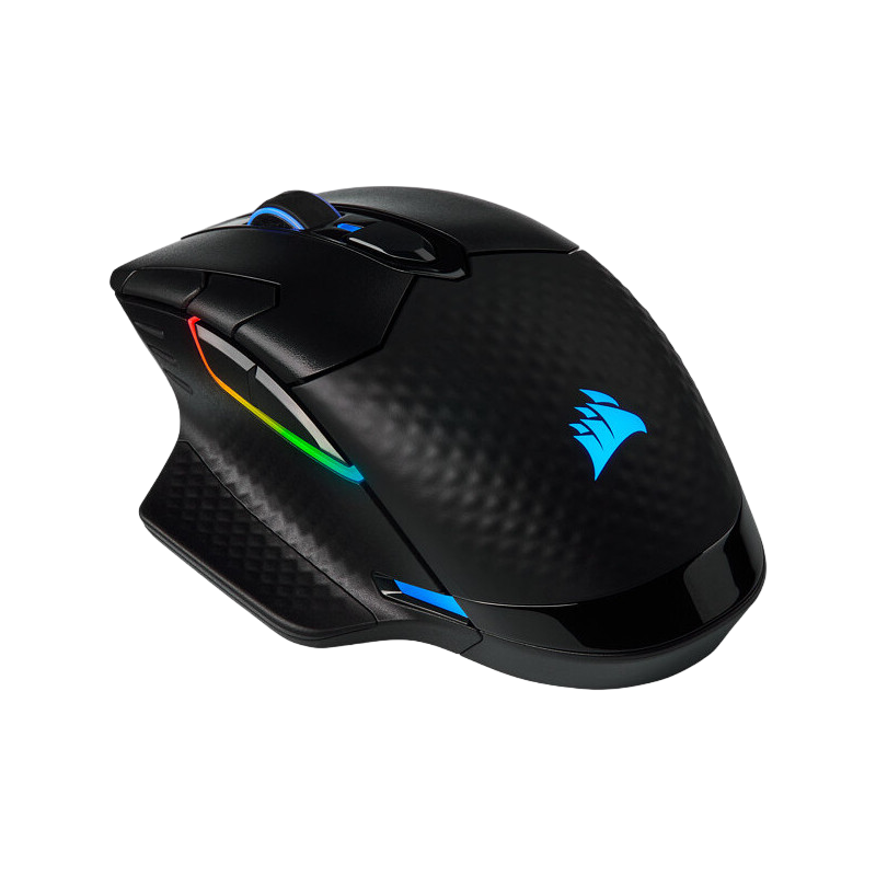 Rato gaming sem fios Corsair preto com iluminação RGB e textura