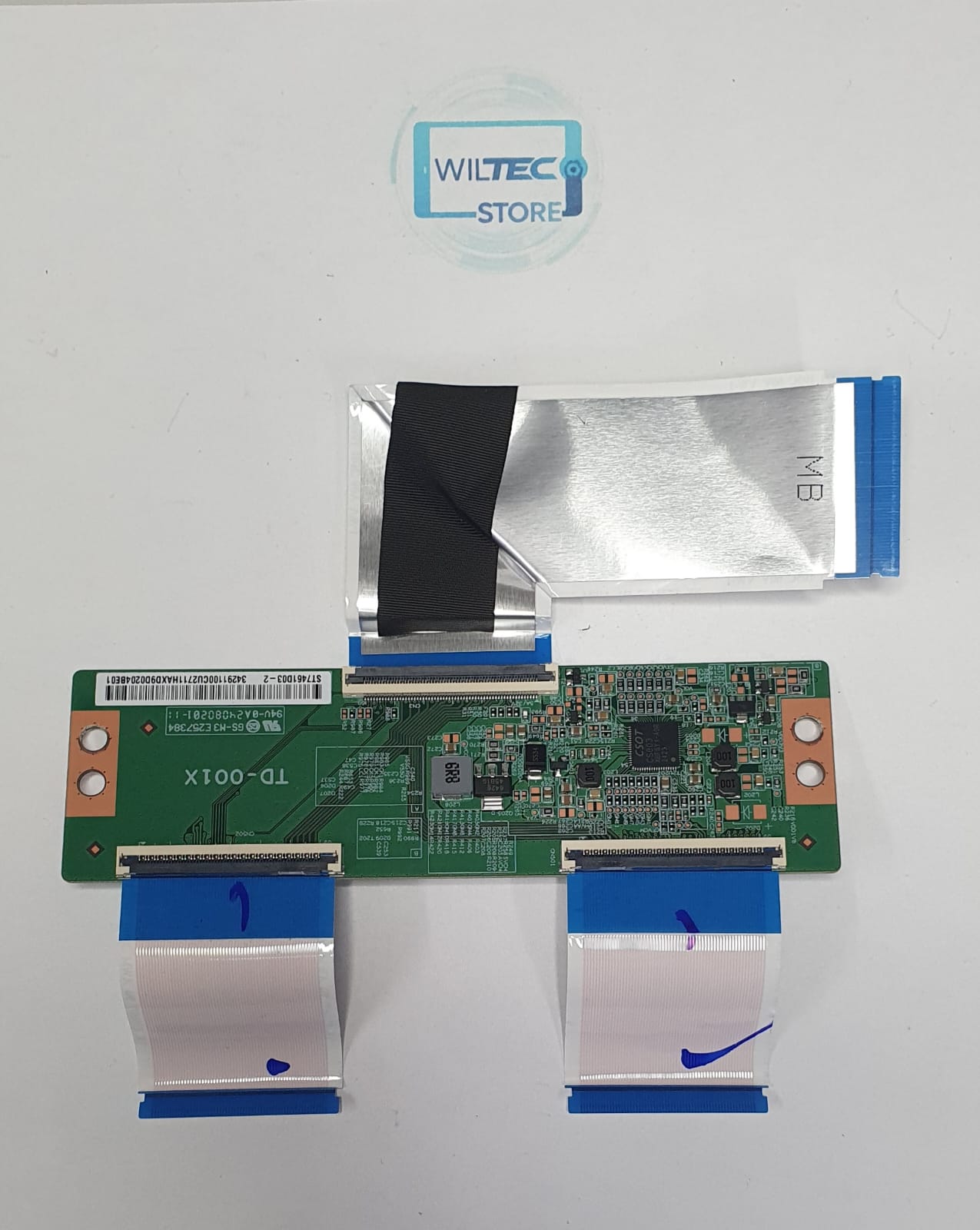 T-Con TV Xiaomi L55MA-SEU / TD-001X Placa eletrónica verde com cabos planos azuis e fita preta