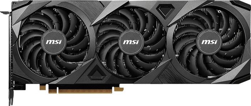 Placa Gráfica MSI GeForce RTX 3070 VENTUS 3X OC 8GB GDDR6 Recondicionada Grade B Placa gráfica preta MSI com três ventoinhas e detalhes geométricos