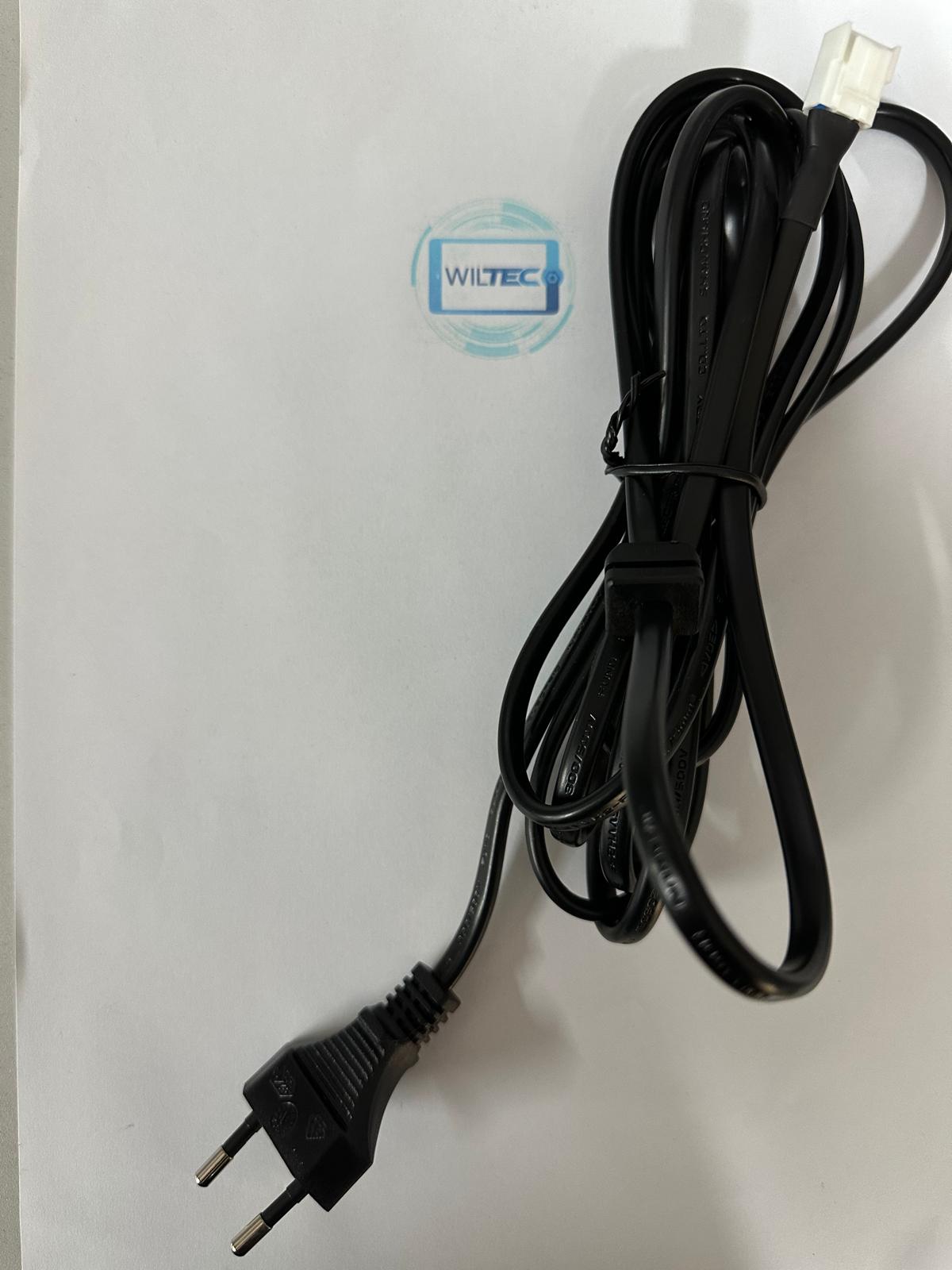 Power Cable TV Haier H55K800UX Cabo elétrico preto com ficha de dois pinos e conector branco sobre papel branco com logo WILTEC