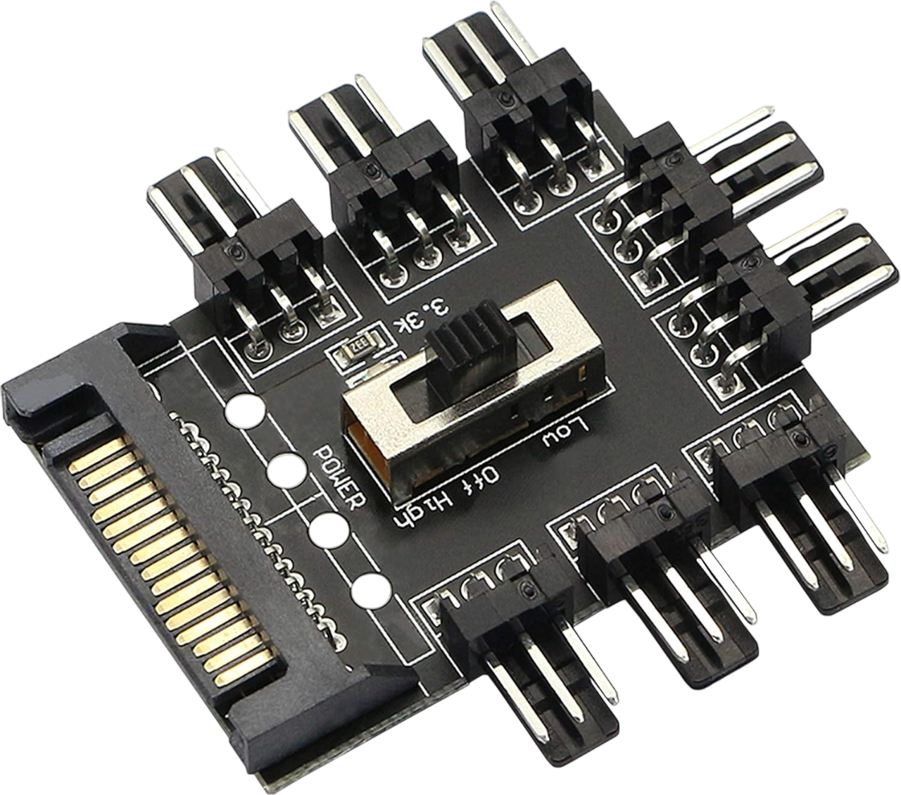 Adaptador Sata para 8x 3 Pinos Fan Hub 12V Placa eletrónica preta com vários conectores e interruptor deslizante