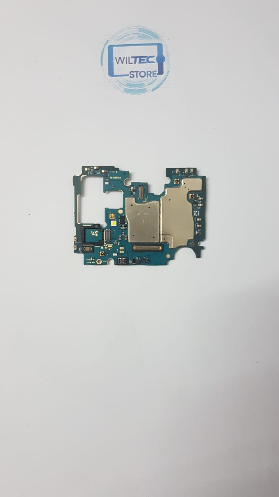 Motherboard Samsung Galaxy A32 5G (SM-A326B) 128GB/4GB, Desbloqueada, Testada, IMEI Limpo Placa eletrónica azul com componentes metálicos sobre fundo branco e selo WILTEC STORE