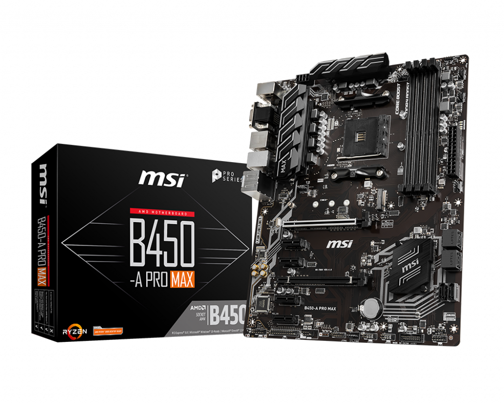 Motherboard MSI B450-A Pro Max Recondicionado Placa-mãe MSI B450 A PRO MAX com caixa preta e conetores visíveis