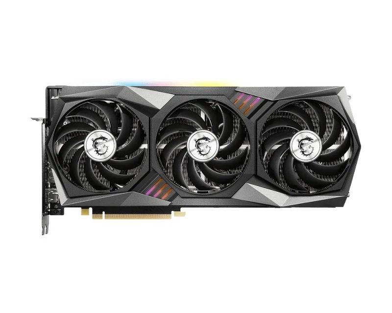 Placa Gráfica MSI GeForce RTX 3070 Gaming X Trio 8GB GDDR6 Recondicionada - Grade B Placa gráfica preta com três ventoinhas e detalhes coloridos