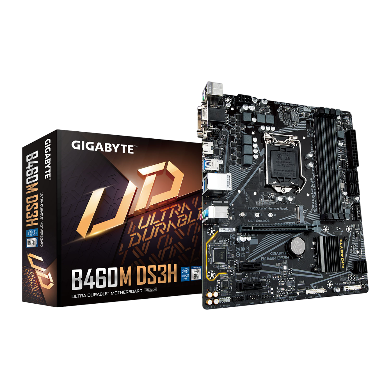 Motherboard Micro-ATX Gigabyte B460M DS3H (rev. 1.0) LGA1200 Placa-mãe GIGABYTE B460M DS3H e caixa preta com texto