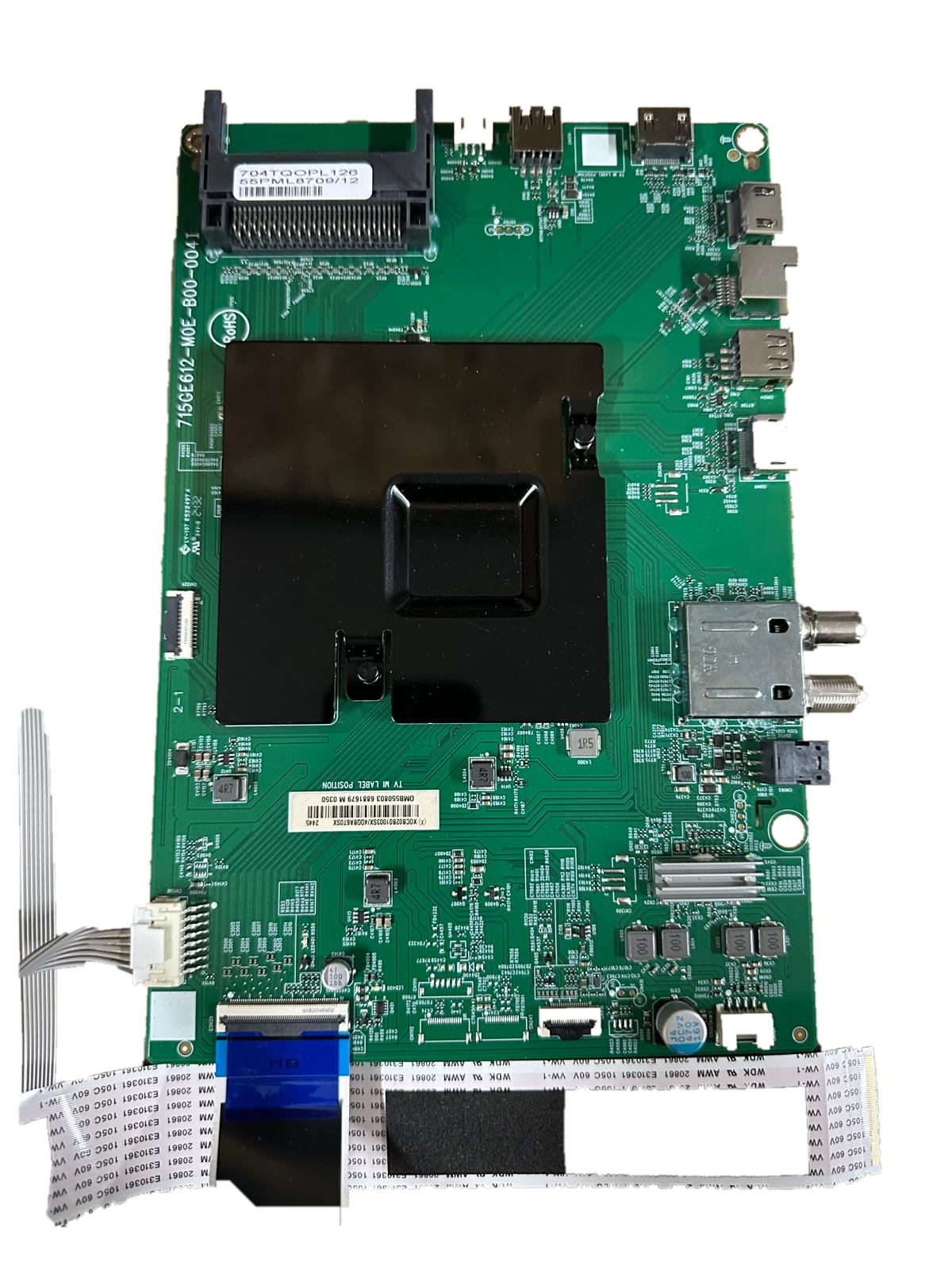 Control TCON Philips 715G612-M0E-B00-004I 55PUS7000/12 55PML8709/12 Placa eletrónica verde com componentes eletrónicos e cabos flexíveis conectados