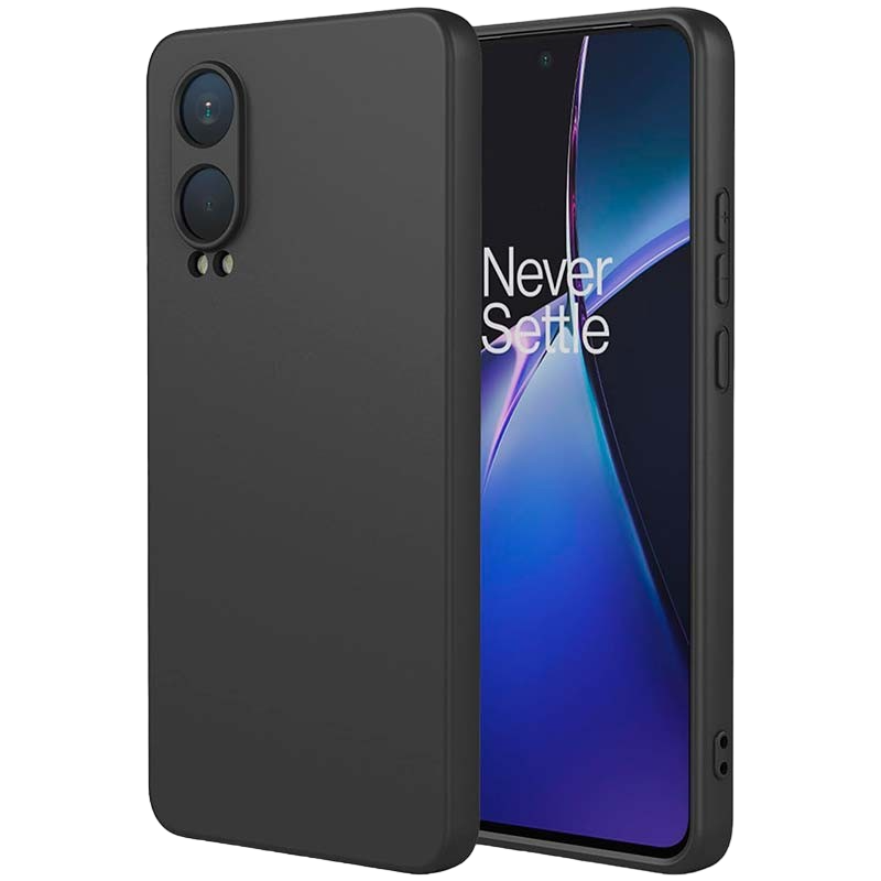 Smartphone preto com capa fosca e texto 'Never Settle' no ecrã