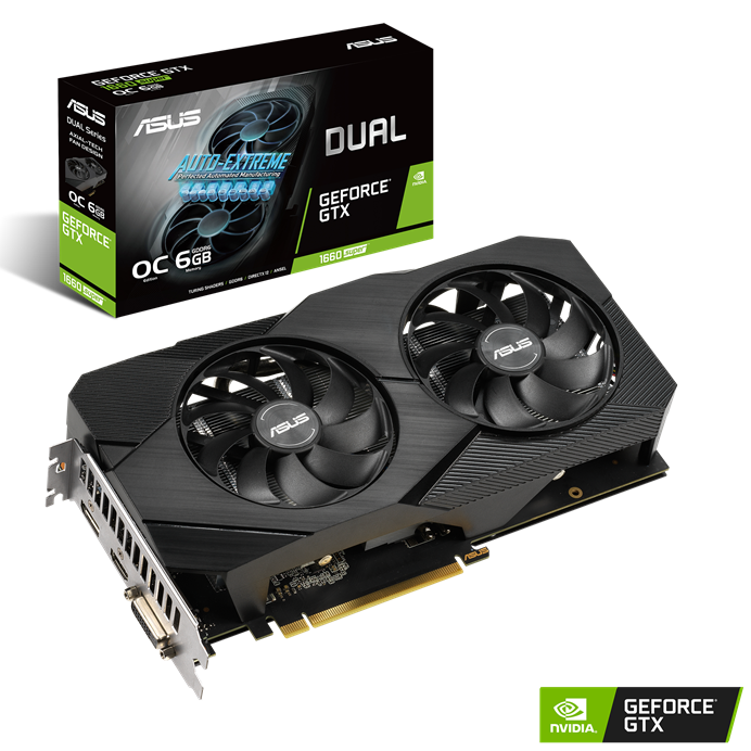ASUS Dual GeForce GTX 1660 SUPER OC EVO 6GB GDDR6 Grade B Placa gráfica ASUS Dual GeForce GTX 1660 Super OC com duas ventoinhas e caixa