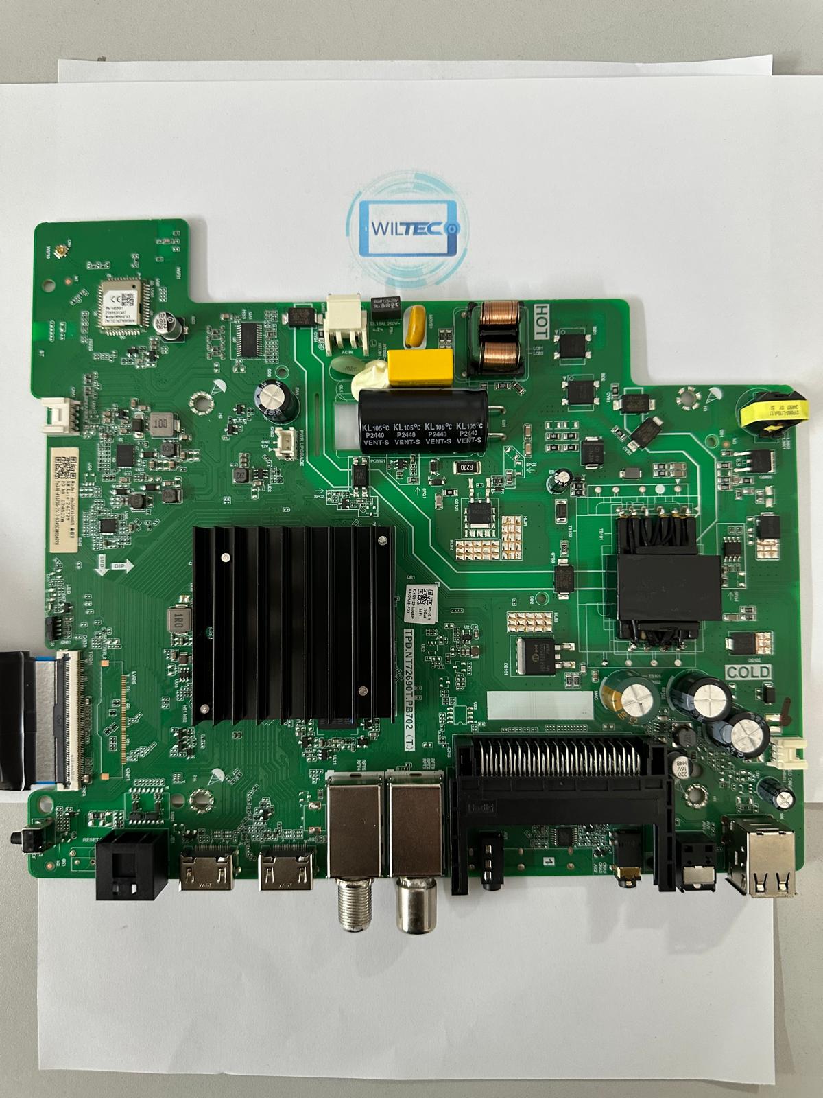 Mainboard TV Hisense 40A4N / TPD.NT72690T.PB702 (T) Placa eletrónica verde com componentes e conectores diversos, sobre papel com logotipo WILTEC