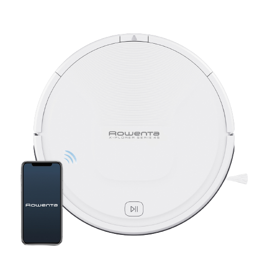 Aspirador Robô Rowenta X-Plorer Serie 45 aspirador robô branco Rowenta com smartphone preto ao lado