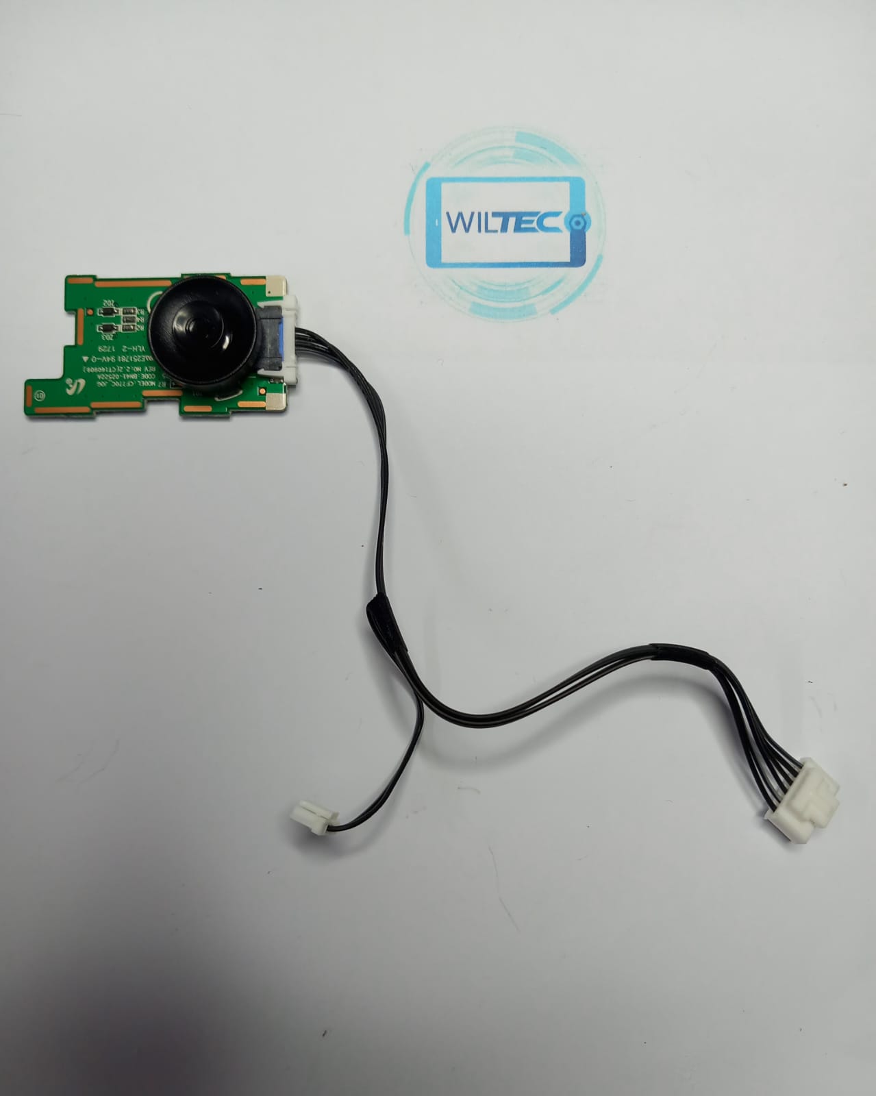 Power Button Monitor Samsung C24FG73FQU / BN96-39758A Placa eletrónica com componente preto e fios pretos em fundo branco com logótipo WILTEC.