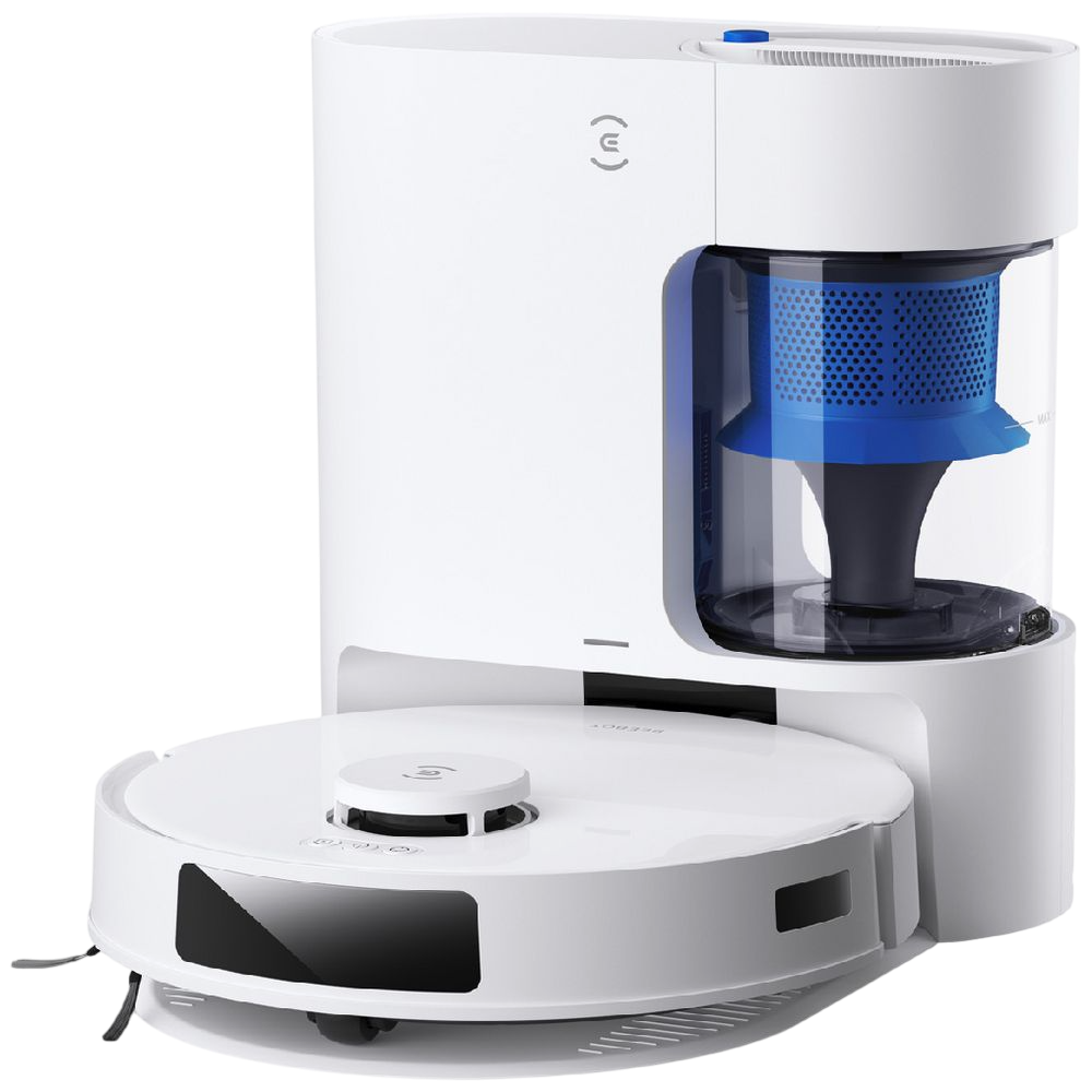 Ecovacs Deebot N20 Pro Plus Branco Robot aspirador branco circular com estação de limpeza branca retangular com filtro azul