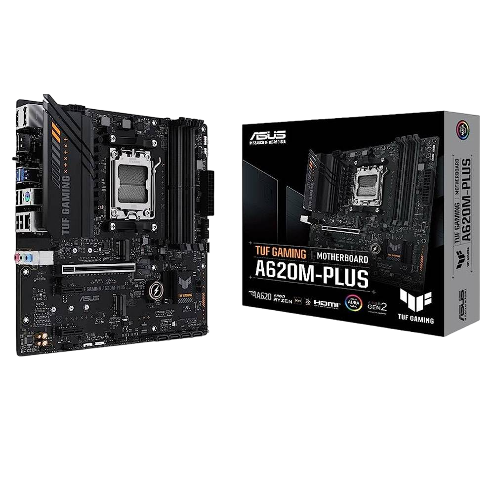 Asus TUF Gaming A620M-PLUS – Motherboard AM5 | DDR5 | mATX Placa-mãe ASUS TUF GAMING A620M-PLUS com caixa e texto