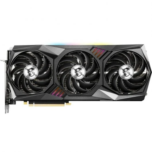 Placa Gráfica MSI GeForce RTX 3080 GAMING X TRIO 10GB GDDR6X Recondicionada Grade B Placa gráfica preta com três ventoinhas grandes e detalhes RGB