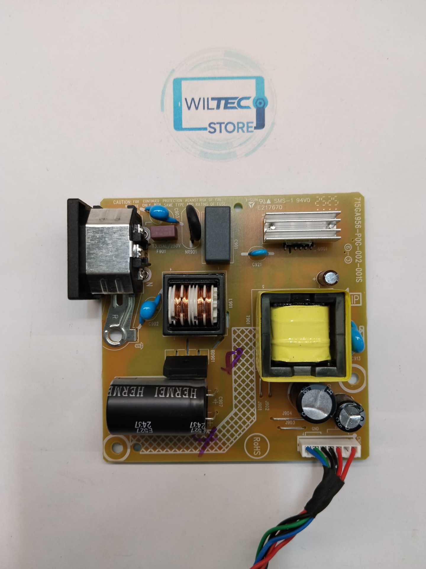 Power Supply Monitor Lenovo L271-4A / 715GA956-P0G-002-001S Placa eletrónica com componentes e conector com fios coloridos