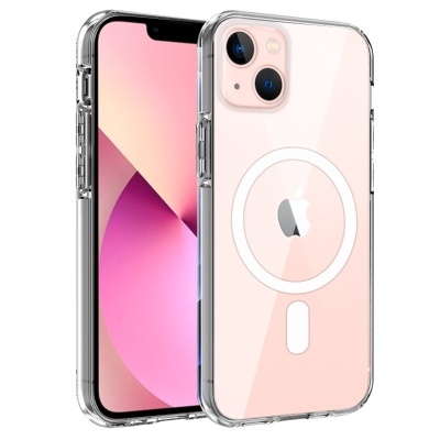 Capa transparente para smartphone rosa com detalhes magnéticos circulares brancos