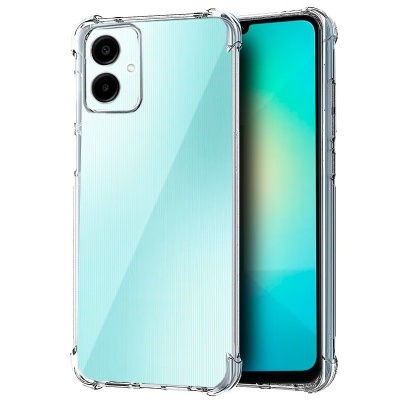 Smartphone azul com capa protetora transparente mostrado de frente e atrás