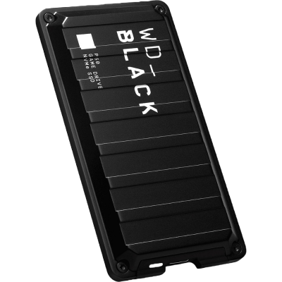 Disco rígido externo WD_BLACK preto com texto branco e superfície estriada