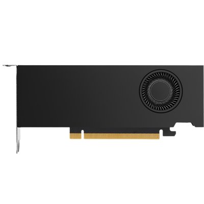 Placa gráfica preta com ventoinha circular e conector PCIe em fundo branco