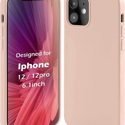 Capa rosa claro para iPhone 12/12 Pro com texto no ecrã sobre compatibilidade