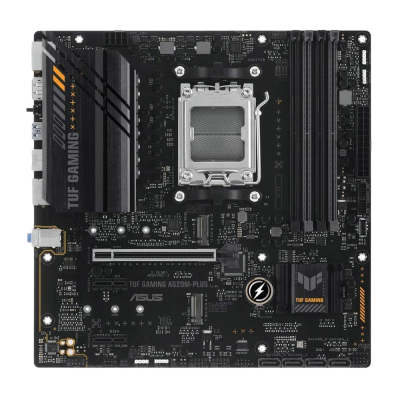 Placa mãe ASUS TUF GAMING A620M-PLUS preta com detalhes amarelos e cinza