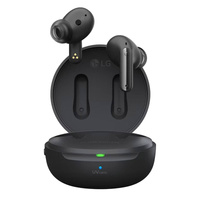 Auscultadores sem fios LG pretos com estojo redondo aberto e luz verde