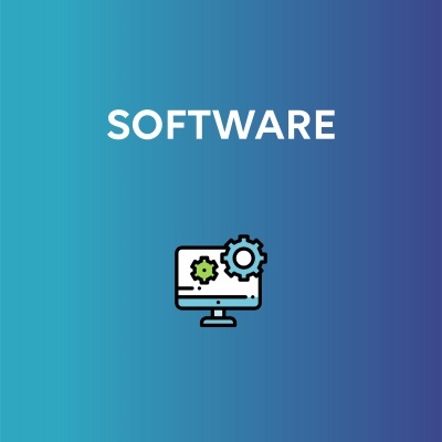 Ícone de monitor com engrenagens e texto SOFTWARE em fundo azul degrade