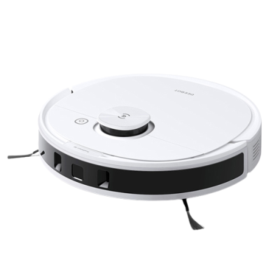 Robot aspirador branco com sensores e duas escovas laterais