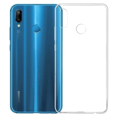 Smartphone Huawei azul com capa transparente ao lado